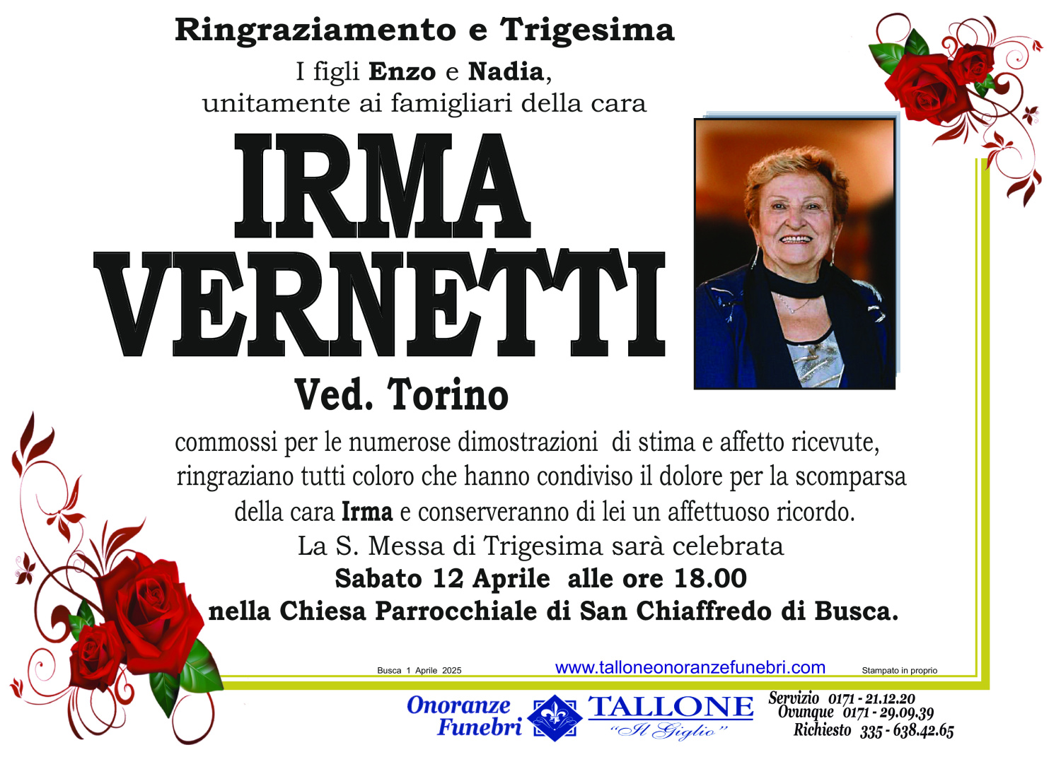 <br />
<b>Warning</b>:  Undefined variable $info in <b>/home/tallone/public_html/ringraziamenti.php</b> on line <b>68</b><br />
Irma Vernetti